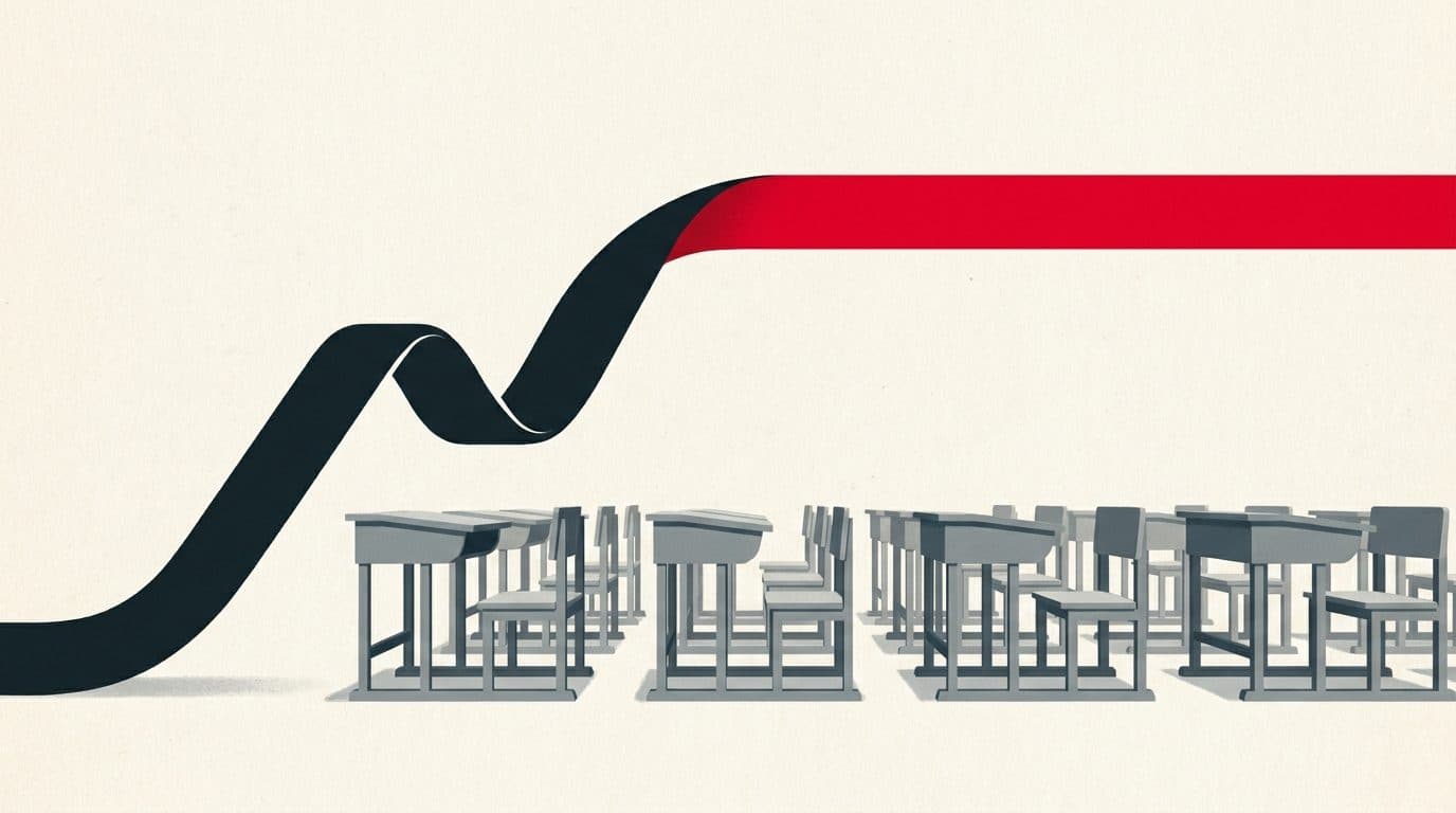 Illustratie van een grafieklijn die eerst stijgt en daarna vlak doorloopt boven een rij schoolbankjes.
