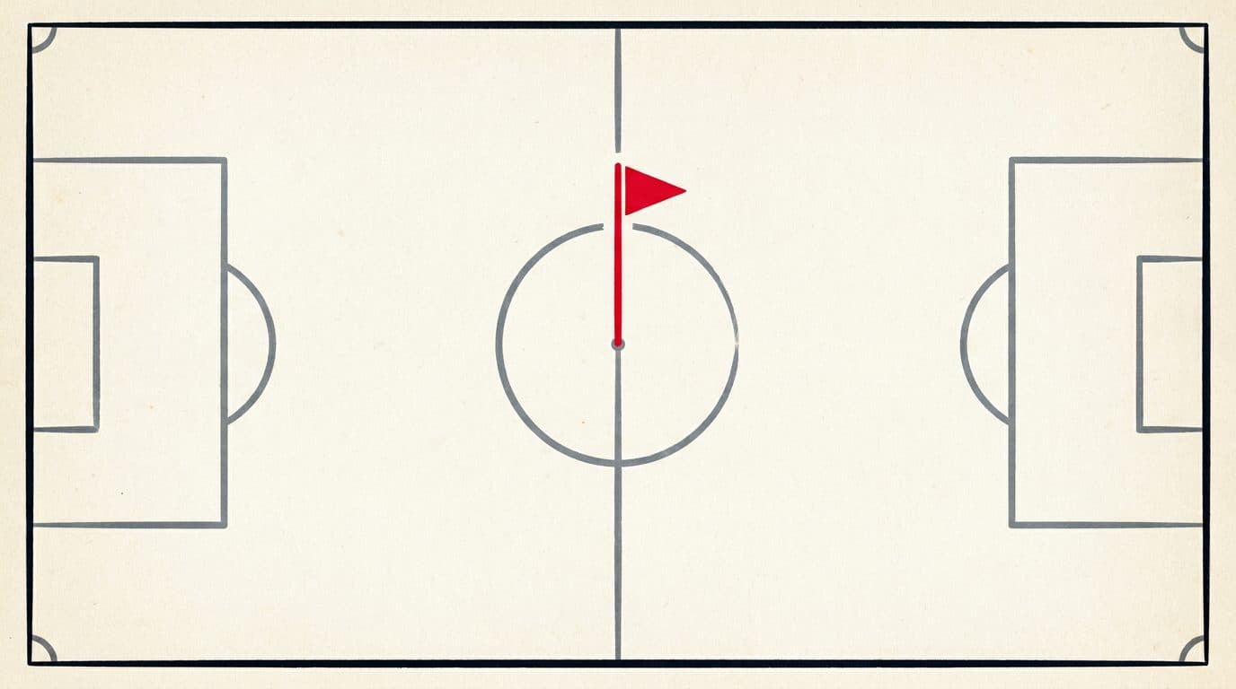 Illustratie van een voetbalveld van bovenaf met één rode markeringspaal op de middenstip.