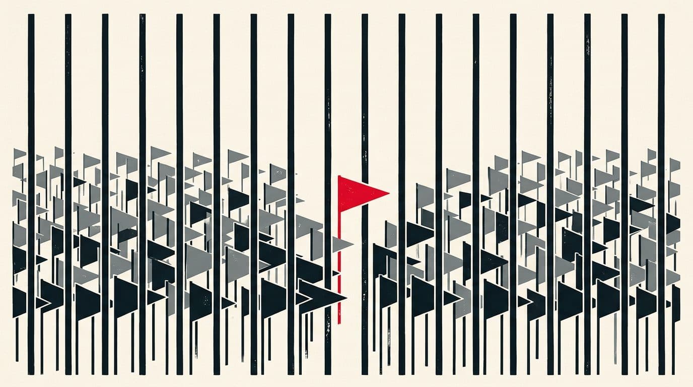 Illustratie van een hek van verticale spijlen met daarachter kleine wimpels; één rode wimpel steekt door een opening.
