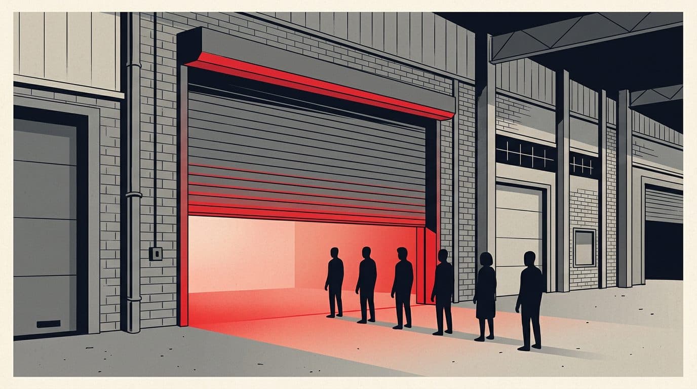 Illustratie van een industriële hal met een halfgeopende roldeur waarachter een rode lichtstrook schijnt, met wachtende figuren ervoor.