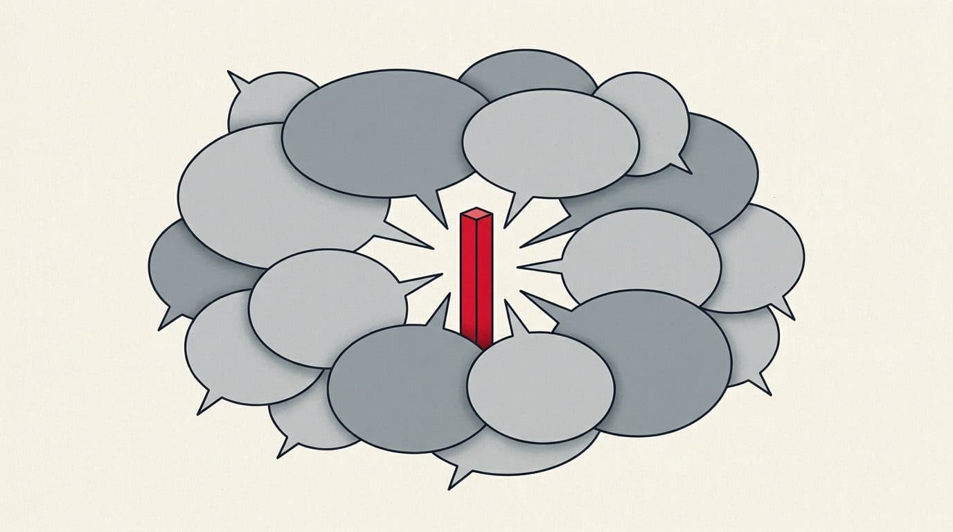 Illustratie van een rij spreekwolkjes die naar één centraal meldpunt wijzen; het meldpunt en één wolkje zijn rood.