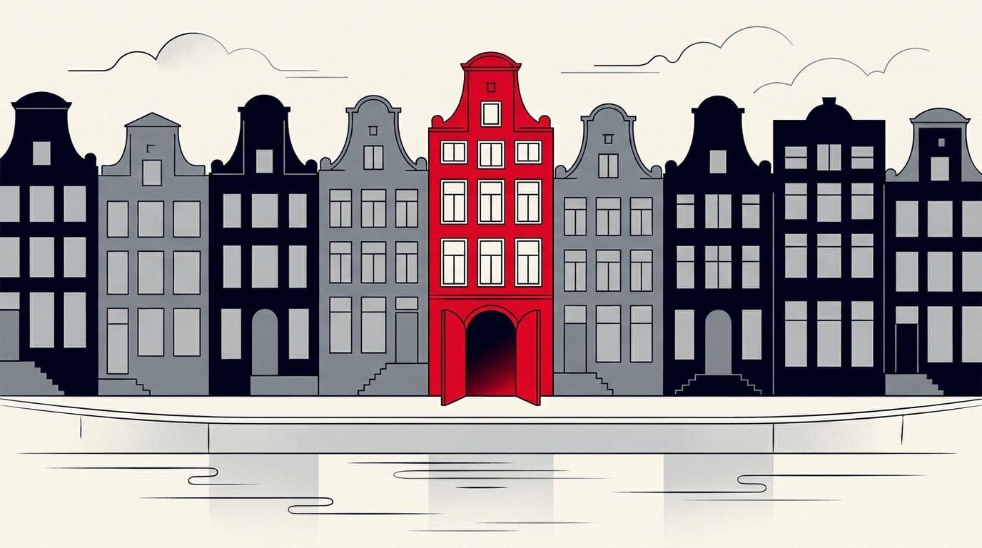Illustratie van een rij identieke huisvormen waarvan er één rood is en een open deur heeft.