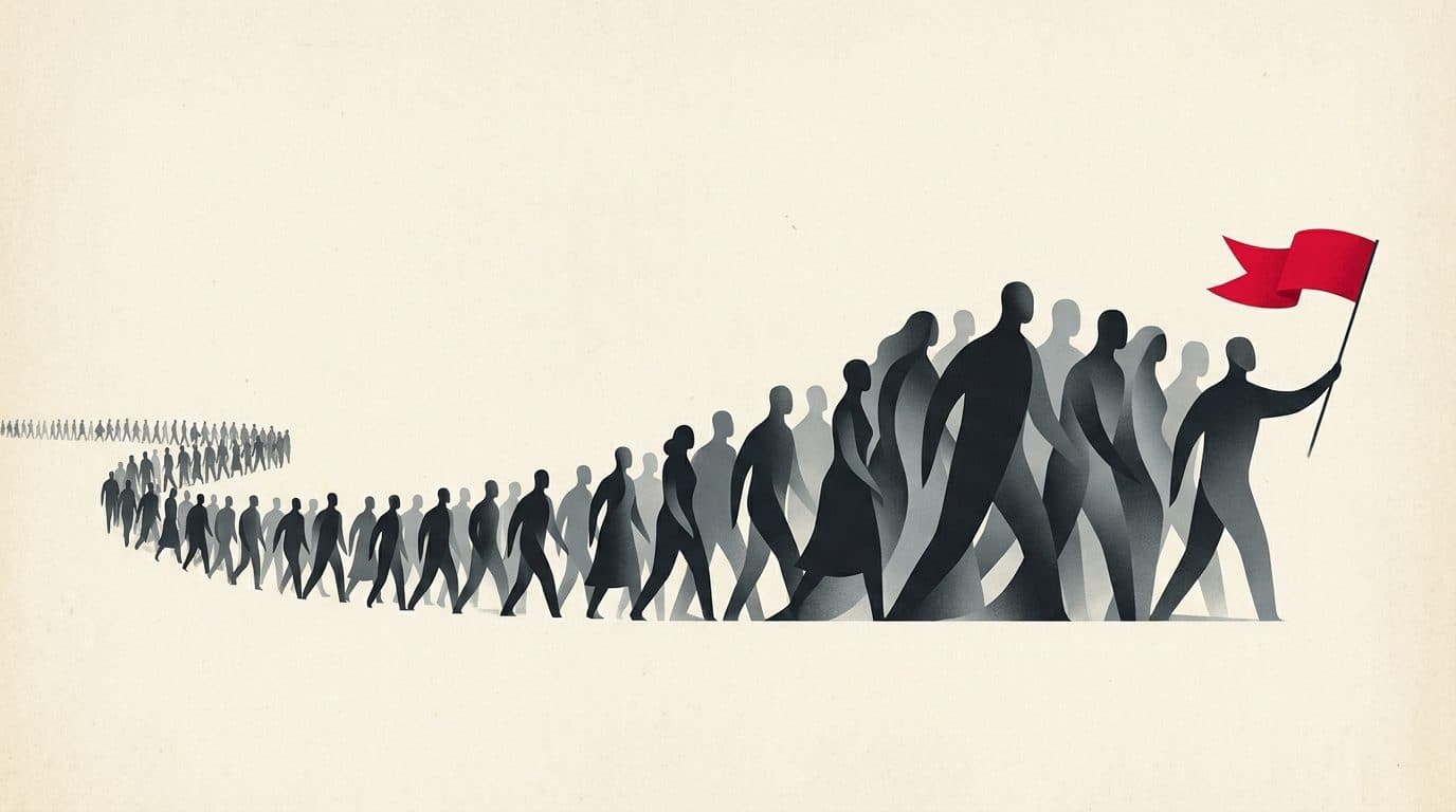 Illustratie van een naar rechts steeds groter wordende stoet figuren; de voorste draagt een rode wimpel.