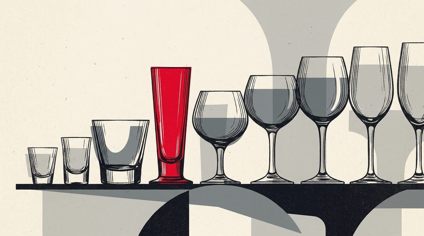 Illustratie van een rij glazen op een bar die naar rechts steeds hoger worden; het hoogste glas is rood.