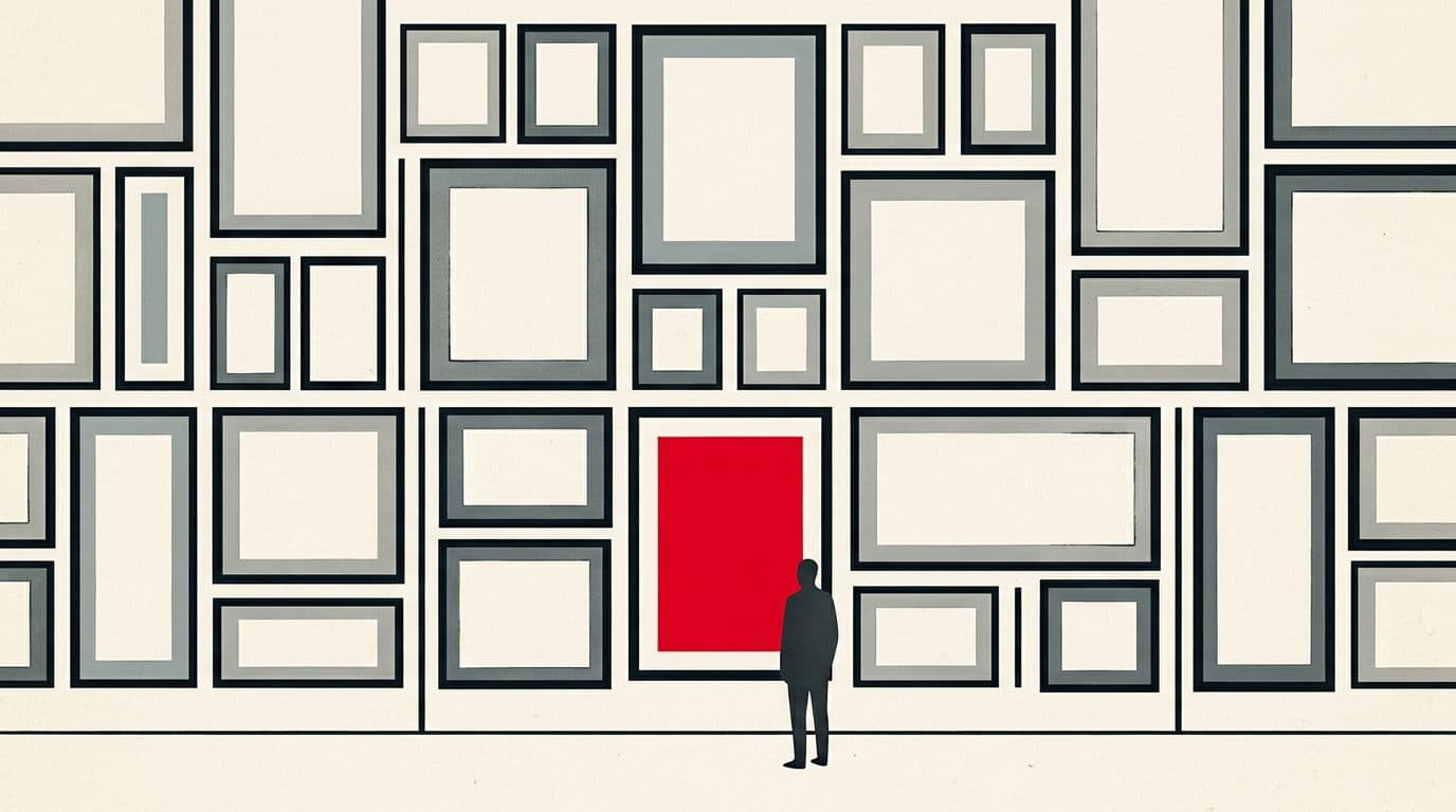 Illustratie van een museumwand met een rij lege lijsten; voor de ene rode lijst staat een figuur.