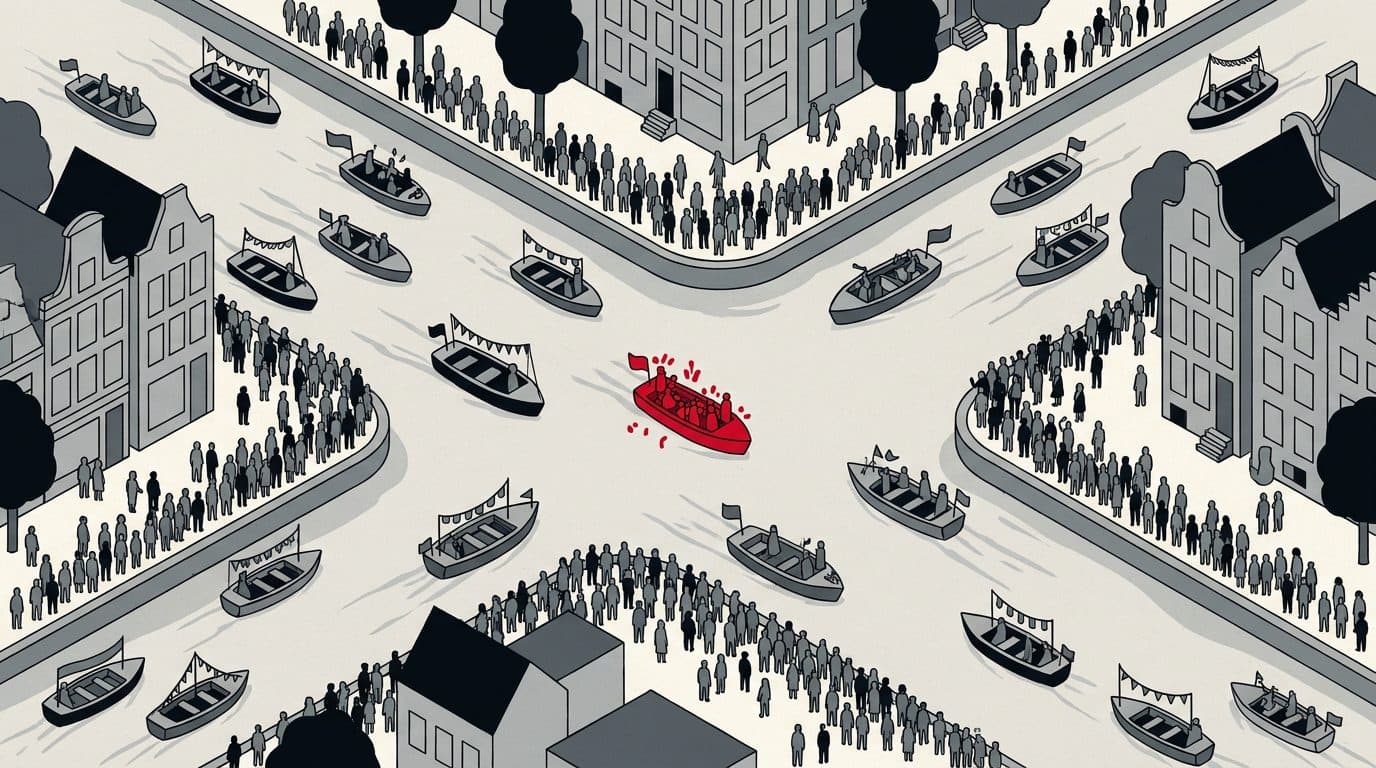 Illustratie van een lange stoet bootjes die van bovenaf door een gracht vaart tussen volle kades, met één rood gemarkeerde boot.