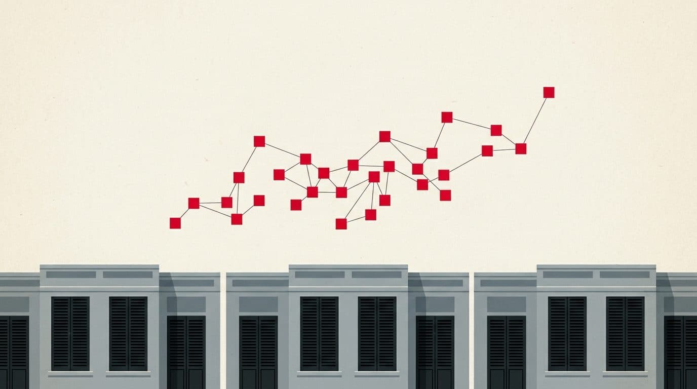 Illustratie van grijze gebouwen met gesloten deuren waarboven een wolk van rode vierkantjes wegdrijft.