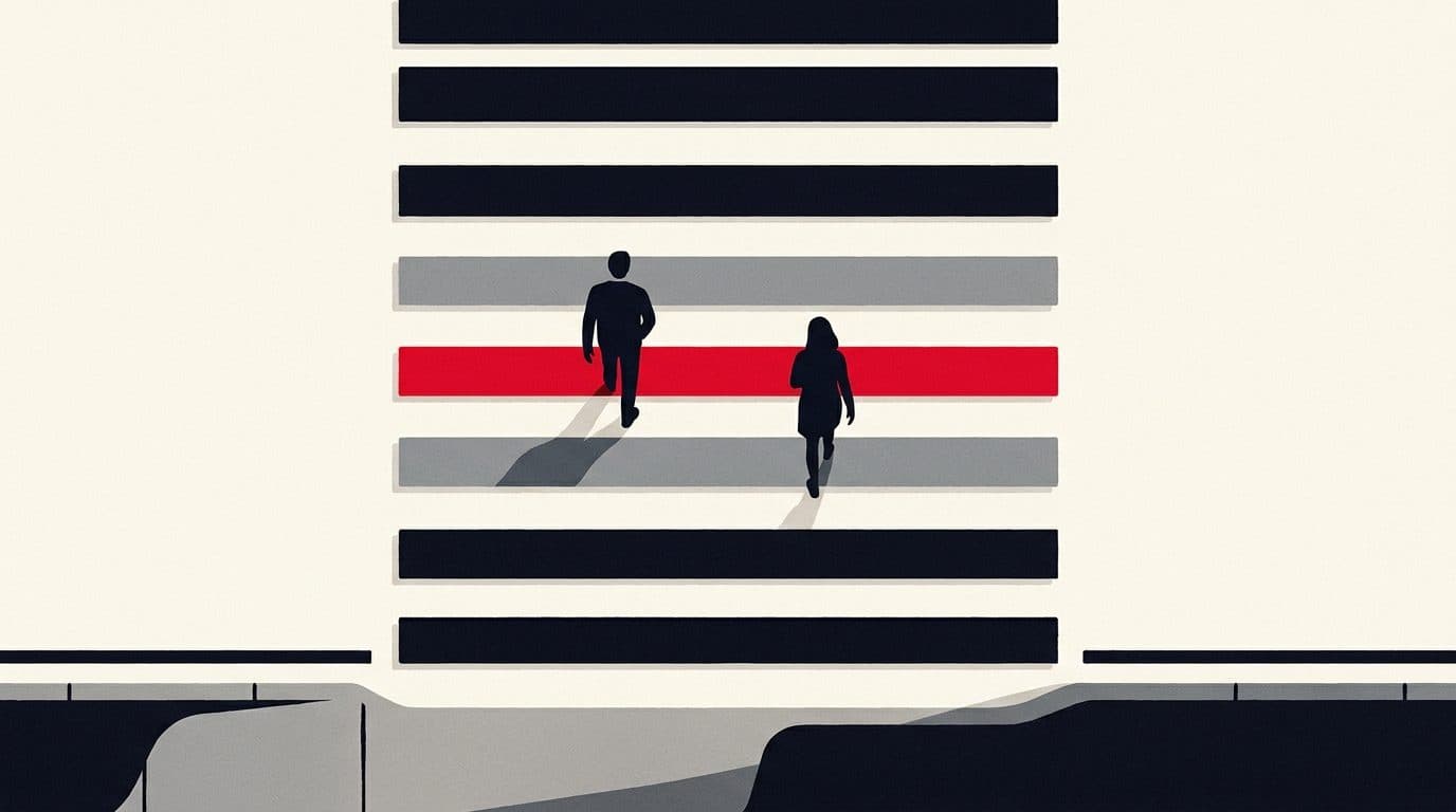 Illustratie van een zebrapad van bovenaf met één rode streep tussen de zwarte en grijze strepen.